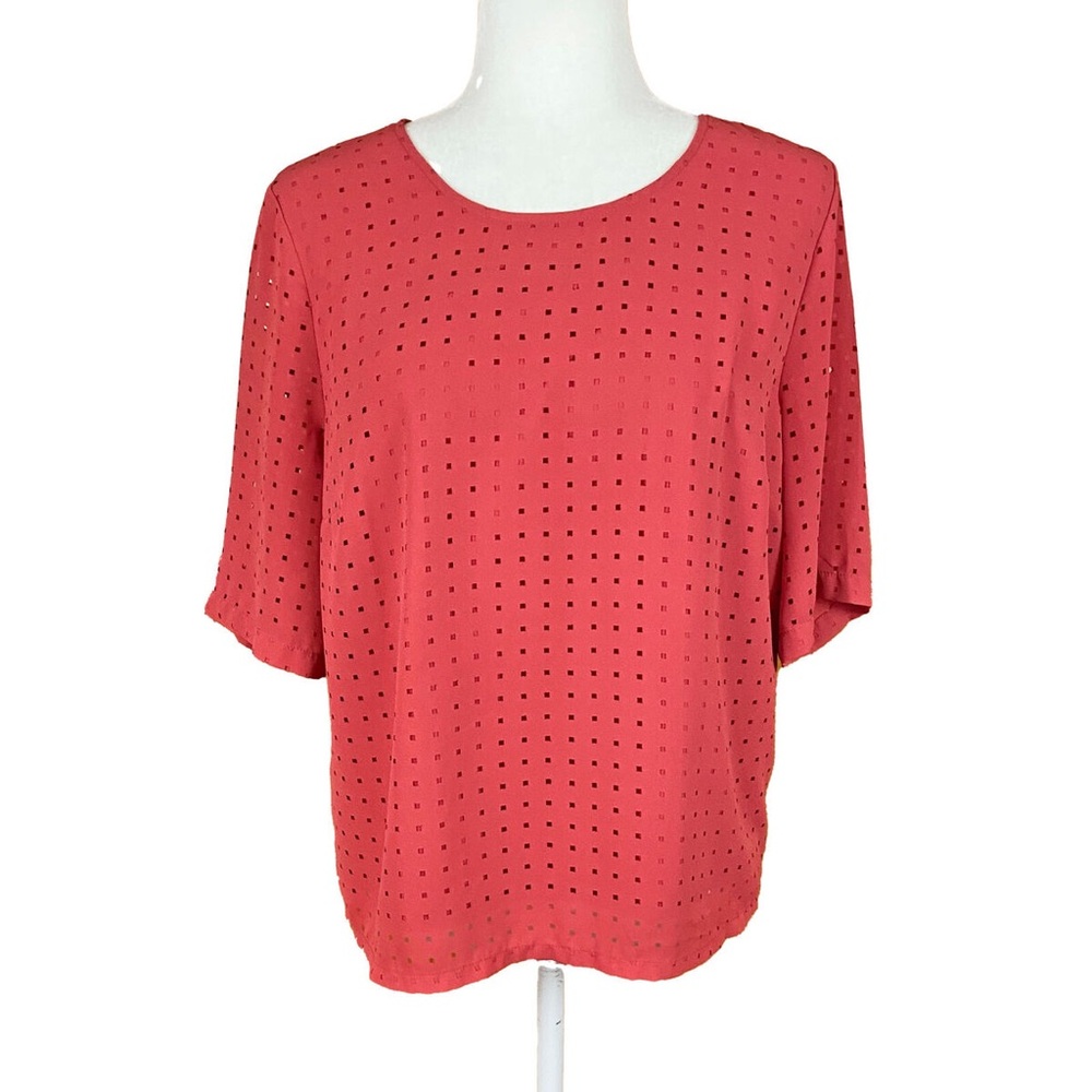 Banana Republic Women's Button Back Top Coralish Red Laser Cut Squares Lined